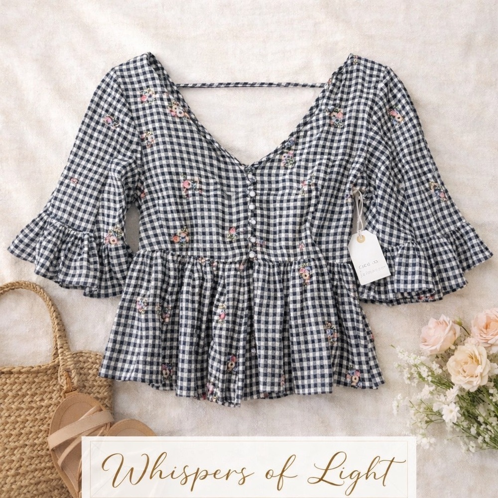 Coco + Jaimeson Gingham Floral Embroidered Babydoll Top NWT Small